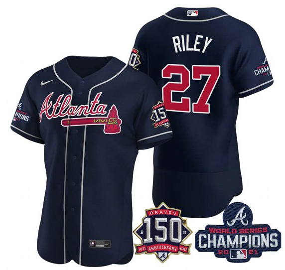 Men's Atlanta Braves #27 Austin Riley 2021 Navy World Series Champions With 150th Anniversary Flex Base Stitched Jersey Men's Atlanta Braves #27 Austin Riley 2021 Navy World Series Champions With 150th Anniversary Flex Base Stitched Jersey
